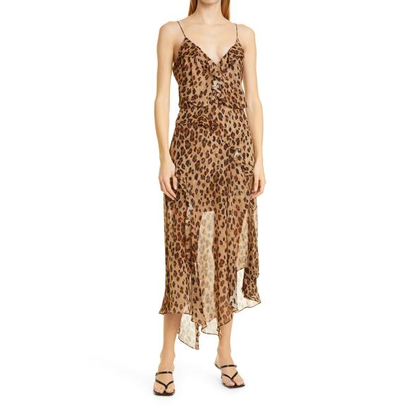 Veronica Beard Dresses & Skirts - Veronica Beard 'Avenel' Brown Silk Leopard Print Ruffle Slip Dress Size 4